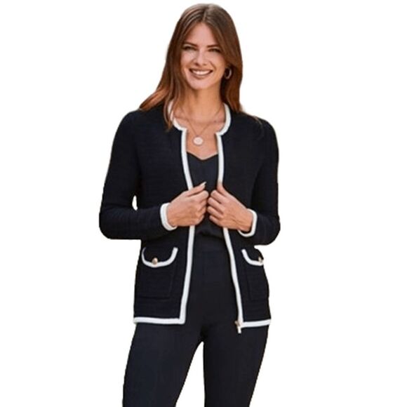 Requirements Petite Black White Rhinestone Layered Look Cardigan Size PL - Picture 1 of 9